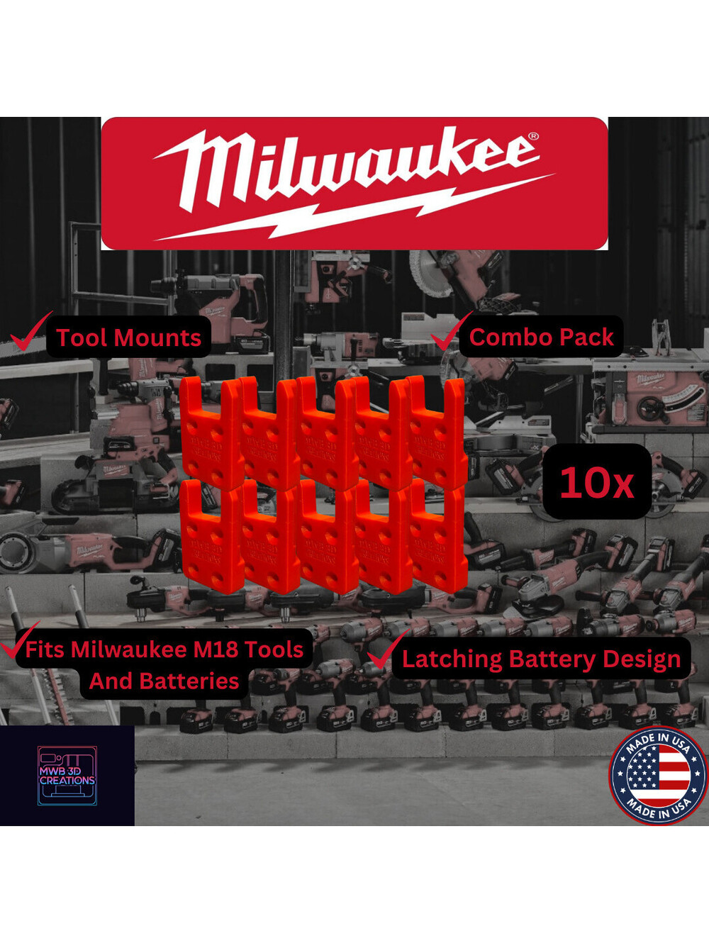 10 Piece Combo Pack! Milwaukee M18 Tool Mounts/Holders/Hangers -Heavy Duty